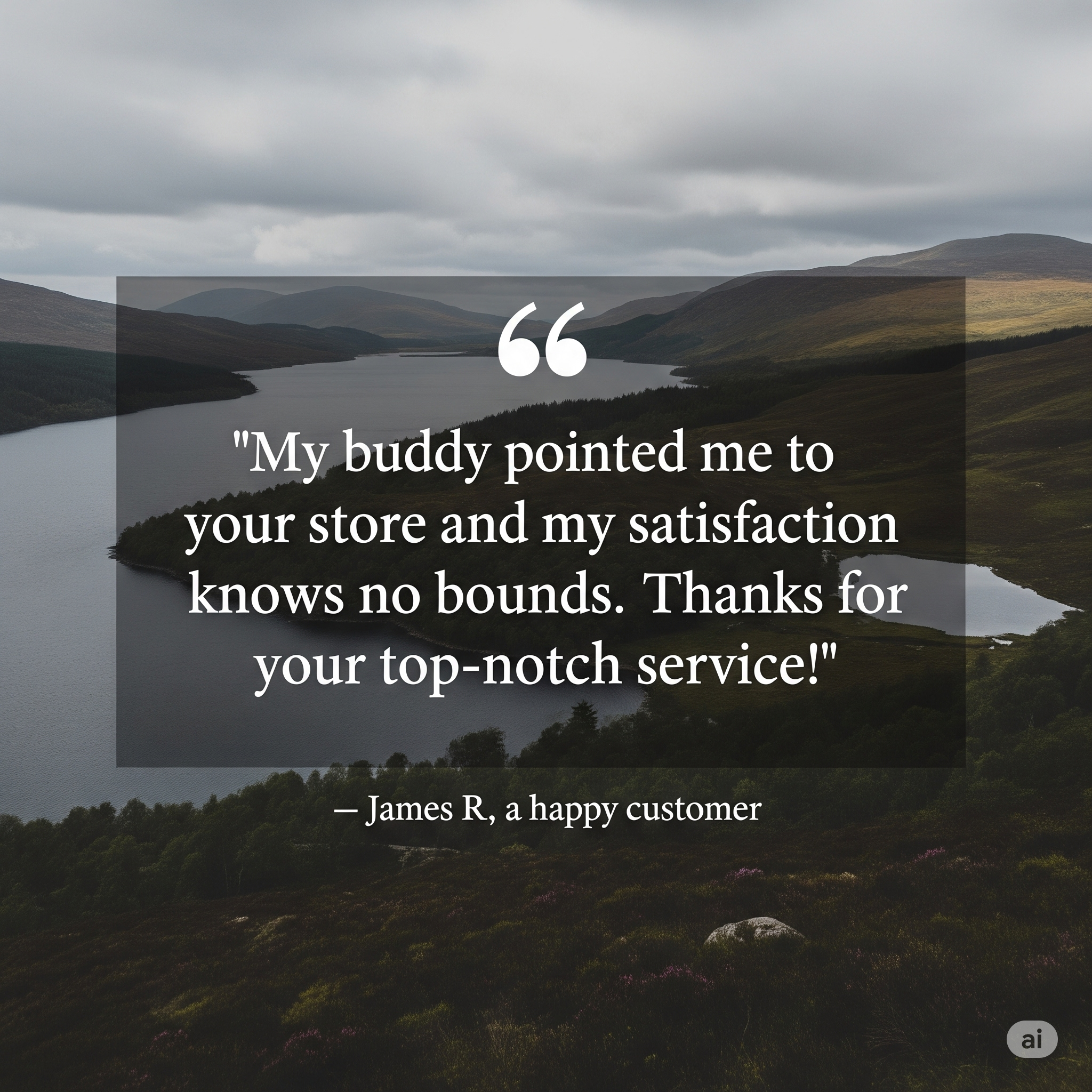 Graphic: Customer Testimonial  A trustworthy and professional quote graphic with a faded, high-quality drone shot of a Scottish loch as the background.
