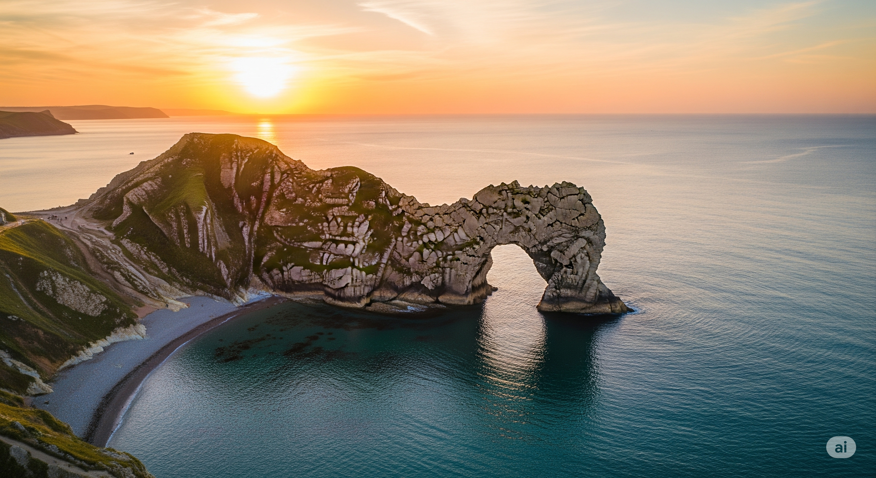An epic, high-resolution aerial drone photograph of the Durdle Door in Dorset