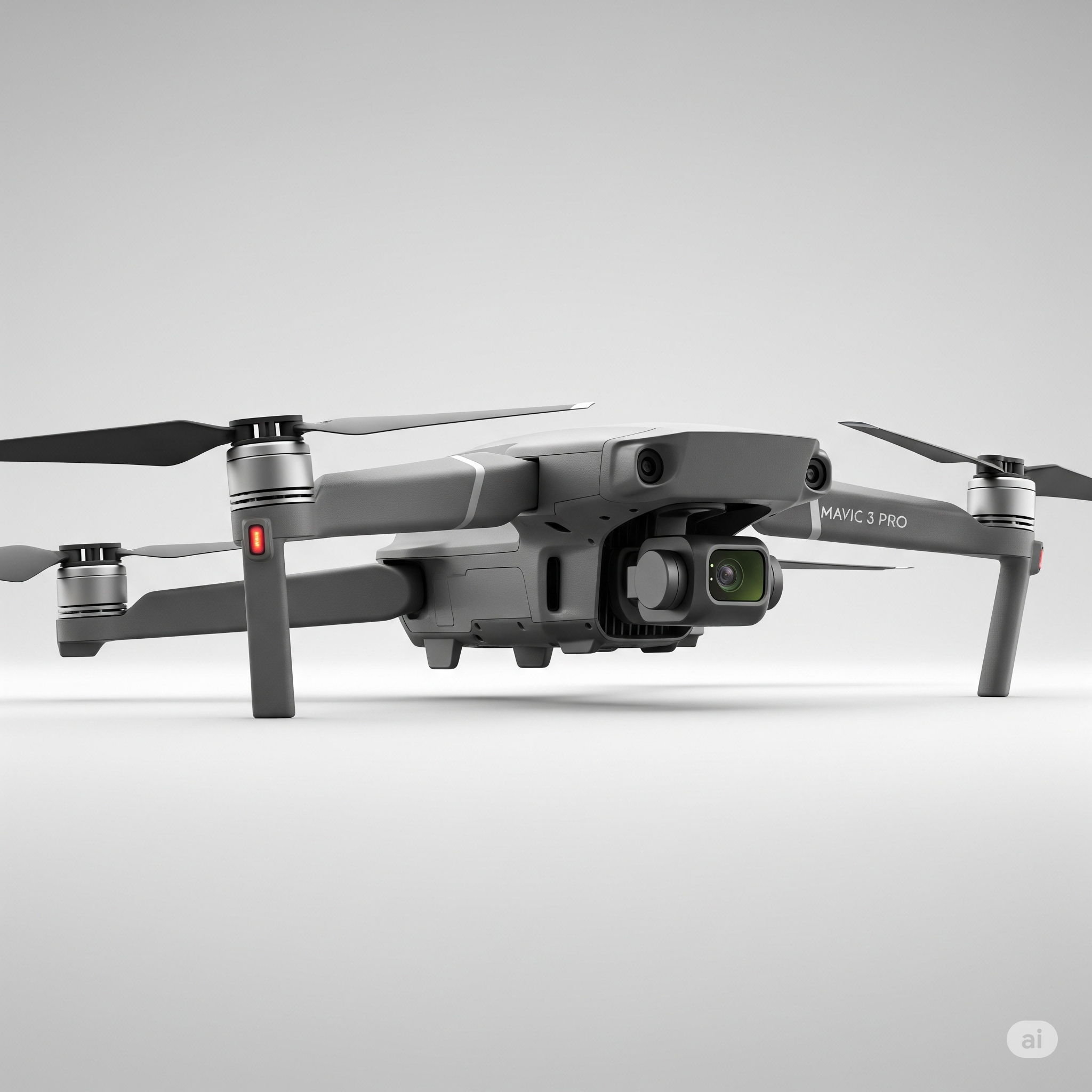 A sleek, professional product shot of the DJI Mavic 3 Pro drone, isolated on a minimalist, light-grey studio background.