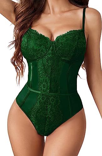 Green Eyelash Lace Bodysuit Crotch Teddy