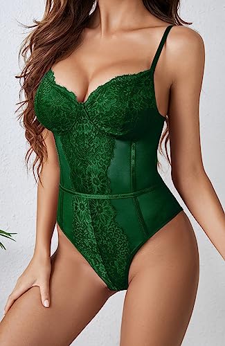 Green Eyelash Lace Bodysuit Crotch Teddy