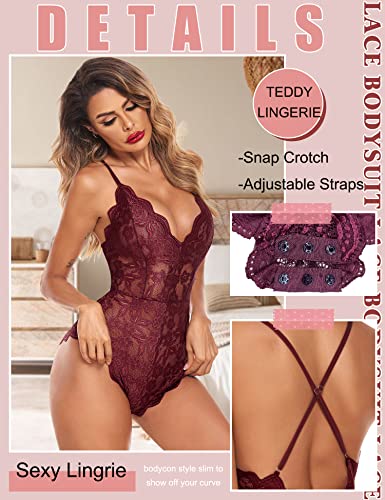Burgundy Lace Bodysuit Teddy One Piece Lingerie
