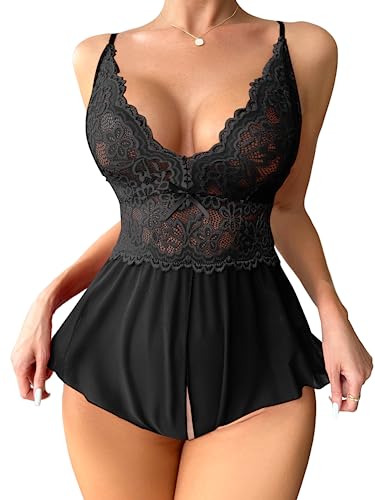 SOLY HUX Lace Teddy Bodysuit Sleepwear Black