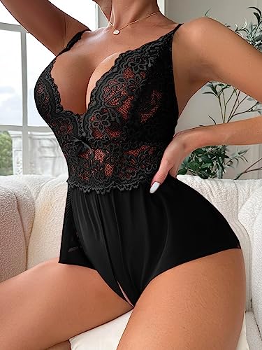 SOLY HUX Lace Teddy Bodysuit Sleepwear Black