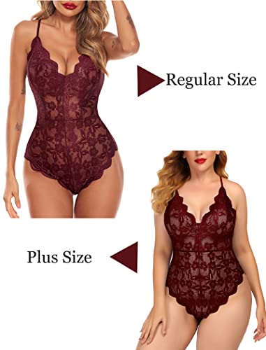 Burgundy Lace Bodysuit Teddy One Piece Lingerie