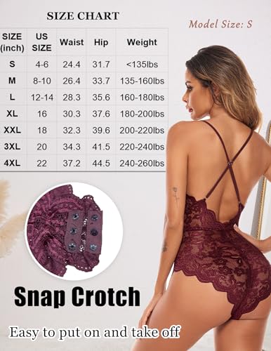 Burgundy Lace Bodysuit Teddy One Piece Lingerie