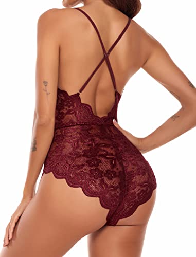 Burgundy Lace Bodysuit Teddy One Piece Lingerie