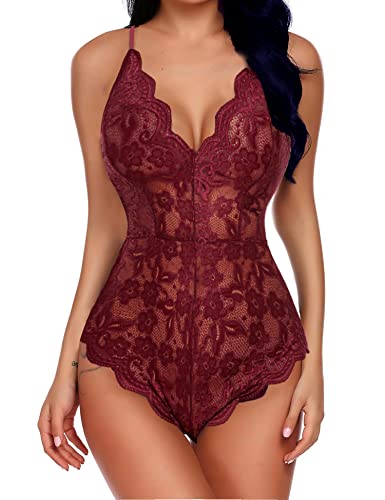 Burgundy Lace Bodysuit Teddy One Piece Lingerie