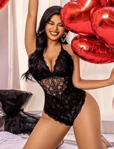 Lace Deep V Teddy Bodysuit - Black