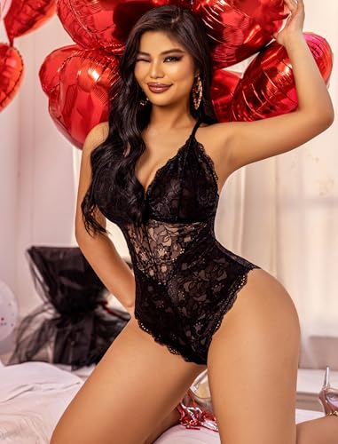 Lace Deep V Teddy Bodysuit - Black