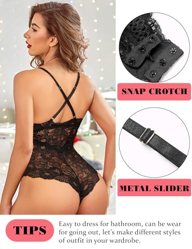 Lace Deep V Teddy Bodysuit - Black