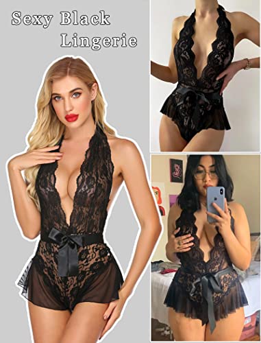 Avidlove Halter Plunging Lace Bodysuit - Black