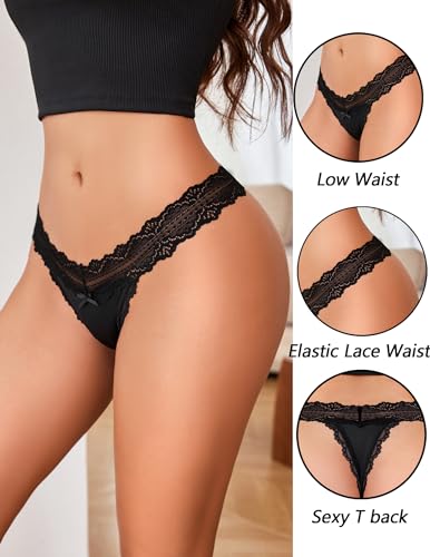 Avidlove Lace Thongs Women Cute Ribbed Panties Black