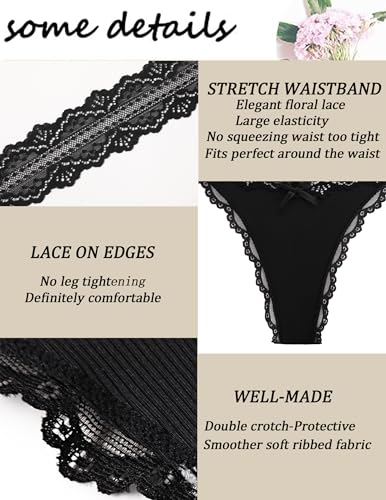 Avidlove Lace Thongs Women Cute Ribbed Panties Black