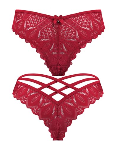 Avidlove Lace Thong Lingerie Panties in Burgundy, Large