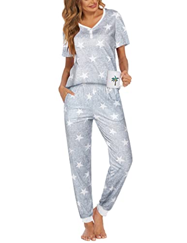 Ekouaer Pajamas Set Womens 2 Piece Lounge Set Short Sleeve Pjs Joggers Pants Sleepwear with Pockets