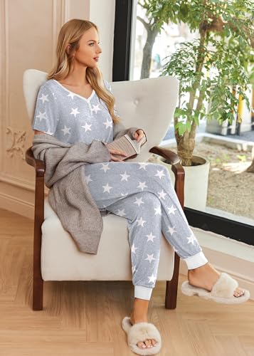 Ekouaer Pajamas Set Womens 2 Piece Lounge Set Short Sleeve Pjs Joggers Pants Sleepwear with Pockets