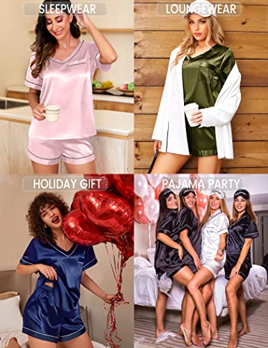 Ekouaer Silk Pajama for Women Short Sleeve Satin Pj Set Two Piece Soft Sleepwear Loungewear Casual Pjs for Summer Champagne Large