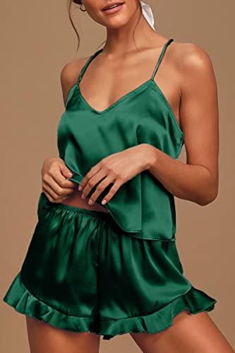 Sexy Silk Cami Pajama Set with Ruffled Shorts