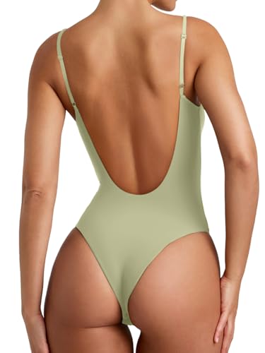 REORIA Womens Summer Sexy Open Back V Neck Spaghetti Strap Cami Double Lined Backless Thong Bodysuit Top Tender Greens Large