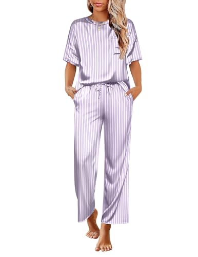 Ekouaer Womens Silk Pajamas Set Print Satin PJs Set Two Piece Pj Sets Sleepwear Loungewear Short Sleeve Lounge Set