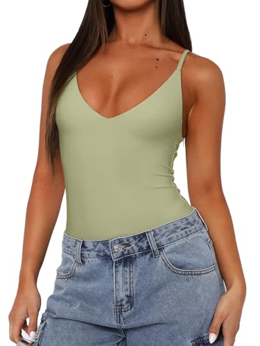 REORIA Womens Summer Sexy Open Back V Neck Spaghetti Strap Cami Double Lined Backless Thong Bodysuit Top Tender Greens Large