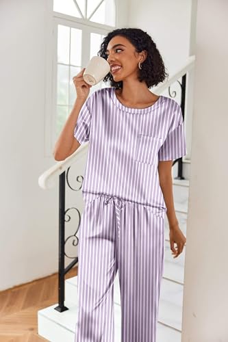 Ekouaer Womens Silk Pajamas Set Print Satin PJs Set Two Piece Pj Sets Sleepwear Loungewear Short Sleeve Lounge Set
