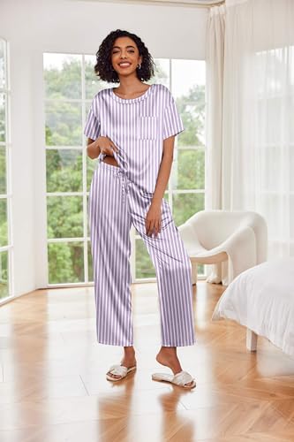 Ekouaer Womens Silk Pajamas Set Print Satin PJs Set Two Piece Pj Sets Sleepwear Loungewear Short Sleeve Lounge Set