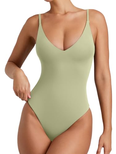 REORIA Womens Summer Sexy Open Back V Neck Spaghetti Strap Cami Double Lined Backless Thong Bodysuit Top Tender Greens Large