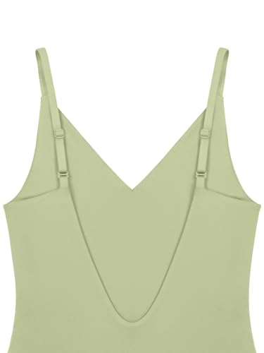 REORIA Womens Summer Sexy Open Back V Neck Spaghetti Strap Cami Double Lined Backless Thong Bodysuit Top Tender Greens Large