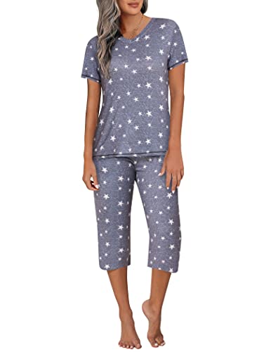 Ekouaer Women's Sleepwear Capri Pajama Sets Short Sleeve Two-Piece Pjs V Neck Tops & Capri Pants with Pockets S-3XL