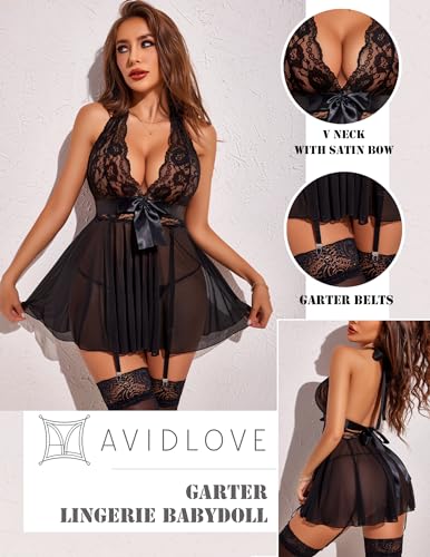 Avidlove Sexy Black Babydoll Lingerie Set with Garter