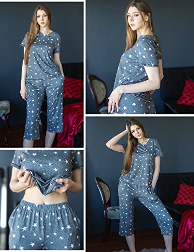 Ekouaer Women's Sleepwear Capri Pajama Sets Short Sleeve Two-Piece Pjs V Neck Tops & Capri Pants with Pockets S-3XL