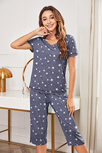Ekouaer Women's Sleepwear Capri Pajama Sets Short Sleeve Two-Piece Pjs V Neck Tops & Capri Pants with Pockets S-3XL