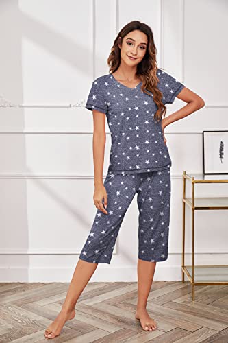 Ekouaer Women's Sleepwear Capri Pajama Sets Short Sleeve Two-Piece Pjs V Neck Tops & Capri Pants with Pockets S-3XL