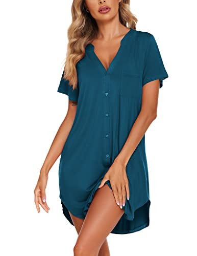 Ekouaer Women Sleep Shirts Cotton Pajamas Nursing Night Gowns with Side Slit Hem Blue Green