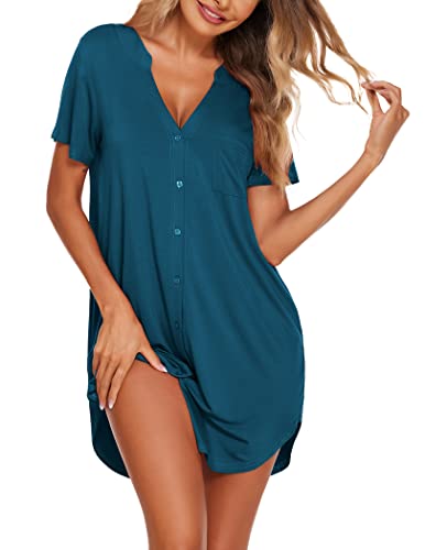 Ekouaer Women Sleep Shirts Cotton Pajamas Nursing Night Gowns with Side Slit Hem Blue Green