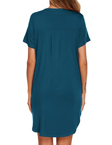 Ekouaer Women Sleep Shirts Cotton Pajamas Nursing Night Gowns with Side Slit Hem Blue Green