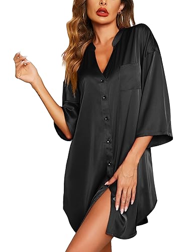 Ekouaer Silk Nightgown for Women Sleepshirt Button Down Pajamas Tops Satin Night Shirts Sleepwear