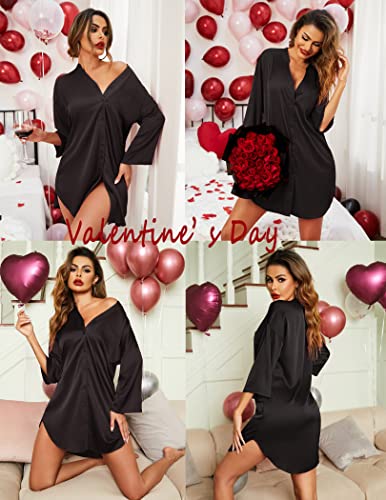 Ekouaer Silk Nightgown for Women Sleepshirt Button Down Pajamas Tops Satin Night Shirts Sleepwear