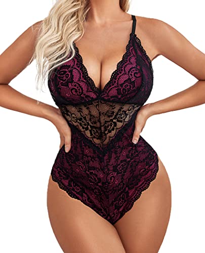 Avidlove Teddy Lingerie for Women Snap Crotch Lace Bodysuit One Piece Teddy Lingerie(Rose Red,XL)