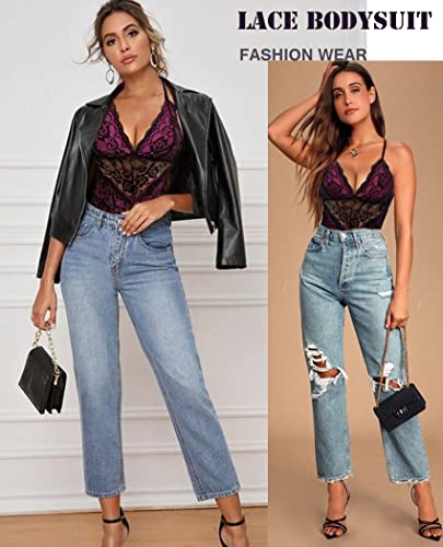 Avidlove Teddy Lingerie for Women Snap Crotch Lace Bodysuit One Piece Teddy Lingerie(Rose Red,XL)