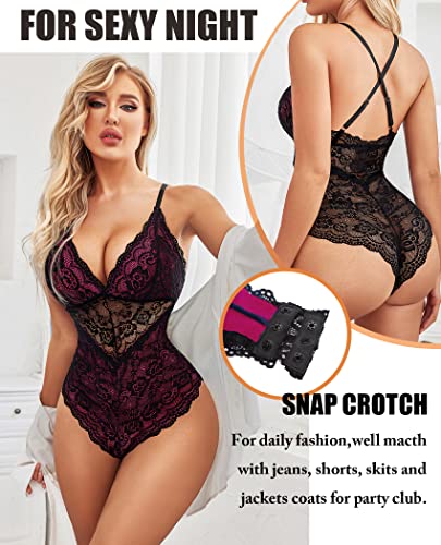 Avidlove Teddy Lingerie for Women Snap Crotch Lace Bodysuit One Piece Teddy Lingerie(Rose Red,XL)