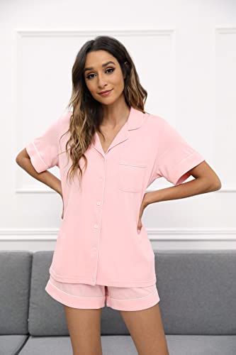 HEARTNICE Pajamas for Women, Button Down Pajama Shorts Set Soft Summer Solid Pjs Sets(Pink, L)