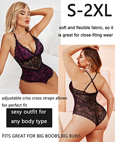 Avidlove Teddy Lingerie for Women Snap Crotch Lace Bodysuit One Piece Teddy Lingerie(Rose Red,XL)