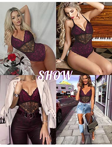 Avidlove Teddy Lingerie for Women Snap Crotch Lace Bodysuit One Piece Teddy Lingerie(Rose Red,XL)