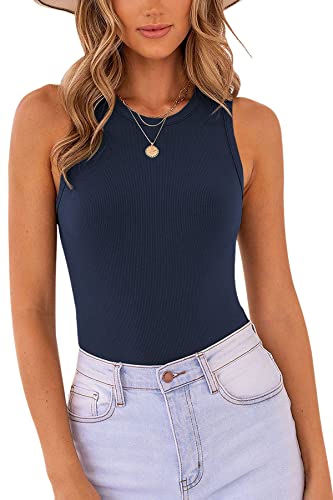 MISSJOY Slimming Bodysuit for Women Halter Neck Dark Blue Snap Crotch Tank Tops