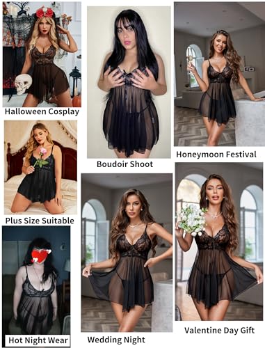 Avidlove Mesh Babydoll Set Black Chemise Lace