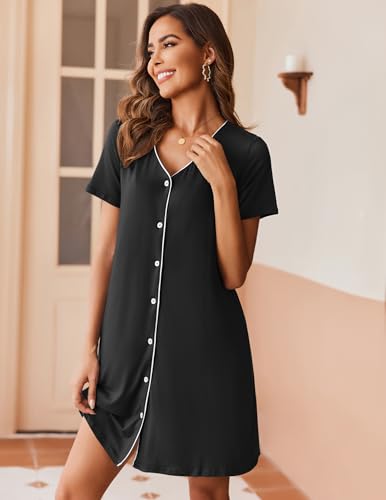 Ekouaer Women's Nightgown Button Down Nightshirt Short Sleeve Sleepshirt Soft V Neck Sleepwear Pajama Dress Black XL