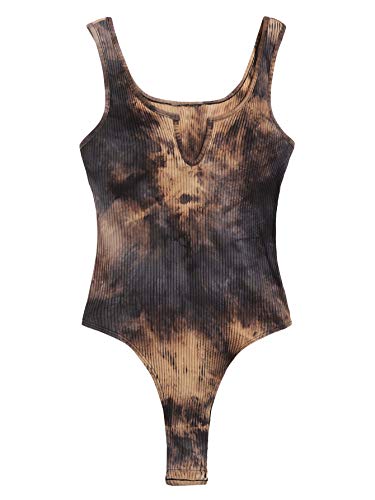 Verdusa Women's Tie Dye Notched Neck Ribbed Skinny Thong Tank Bodysuit Top Multicolored L